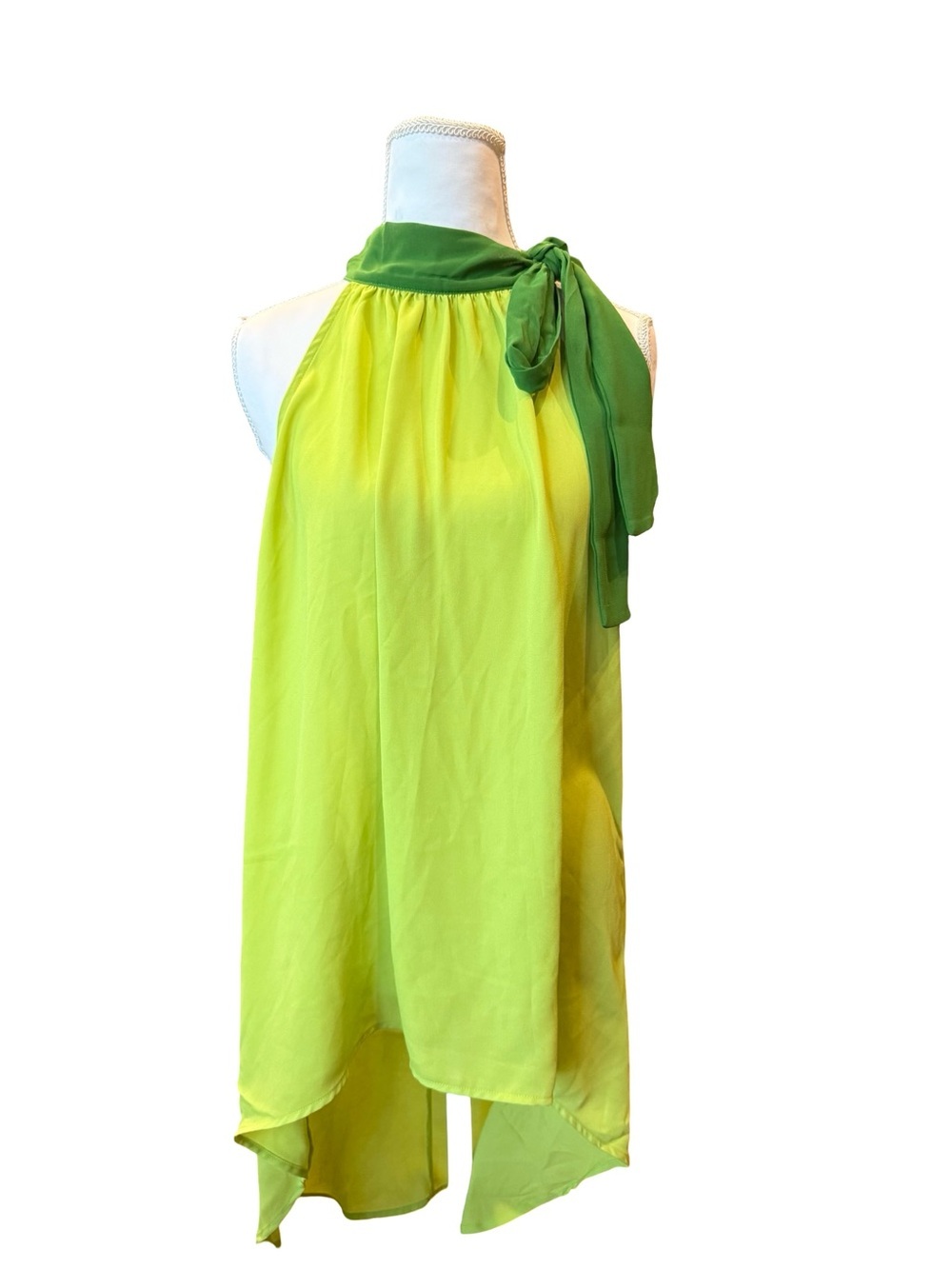 Y2K Sweet Pea for New York & Company Lime Green Halter Tie Neck Tunic Top Size L - Picture 2 of 9